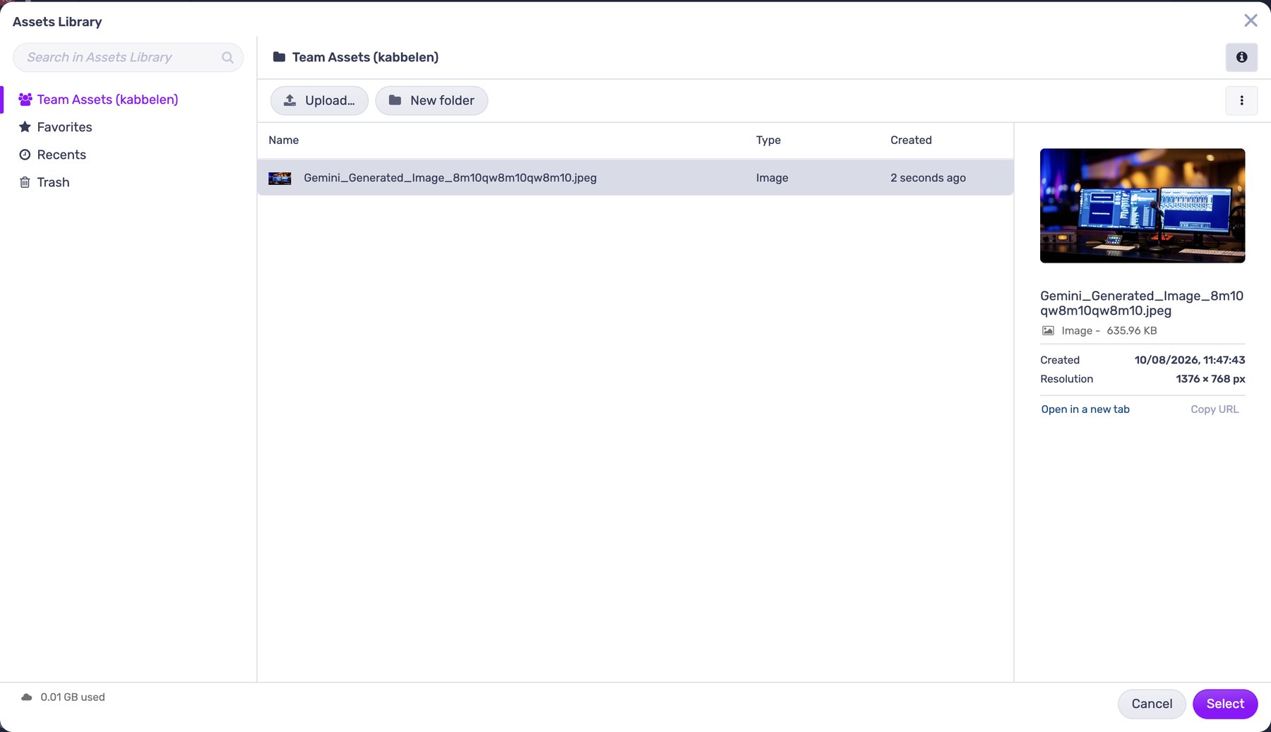 Assets Library modal with sidebar for Team assets, Favorites, Recents and Trash, a file list, and a details panel with preview, size and resolution
