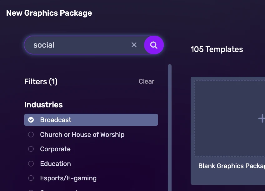 New Graphics Package view: a search for social, the Industries filter with Broadcast selected, and a count of 105 templates