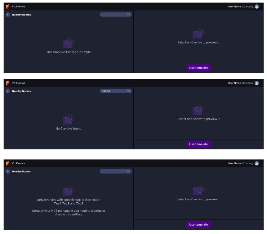 Three empty states: empty graphics package, no search results, and a list filtered by admin-defined tags