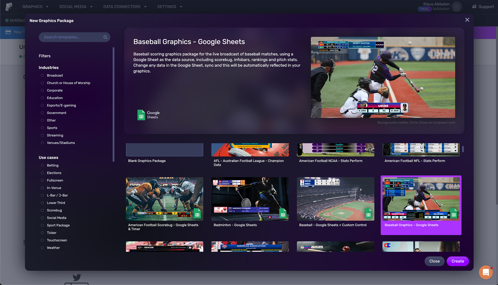 Graphics template catalog with search, filters, and live preview